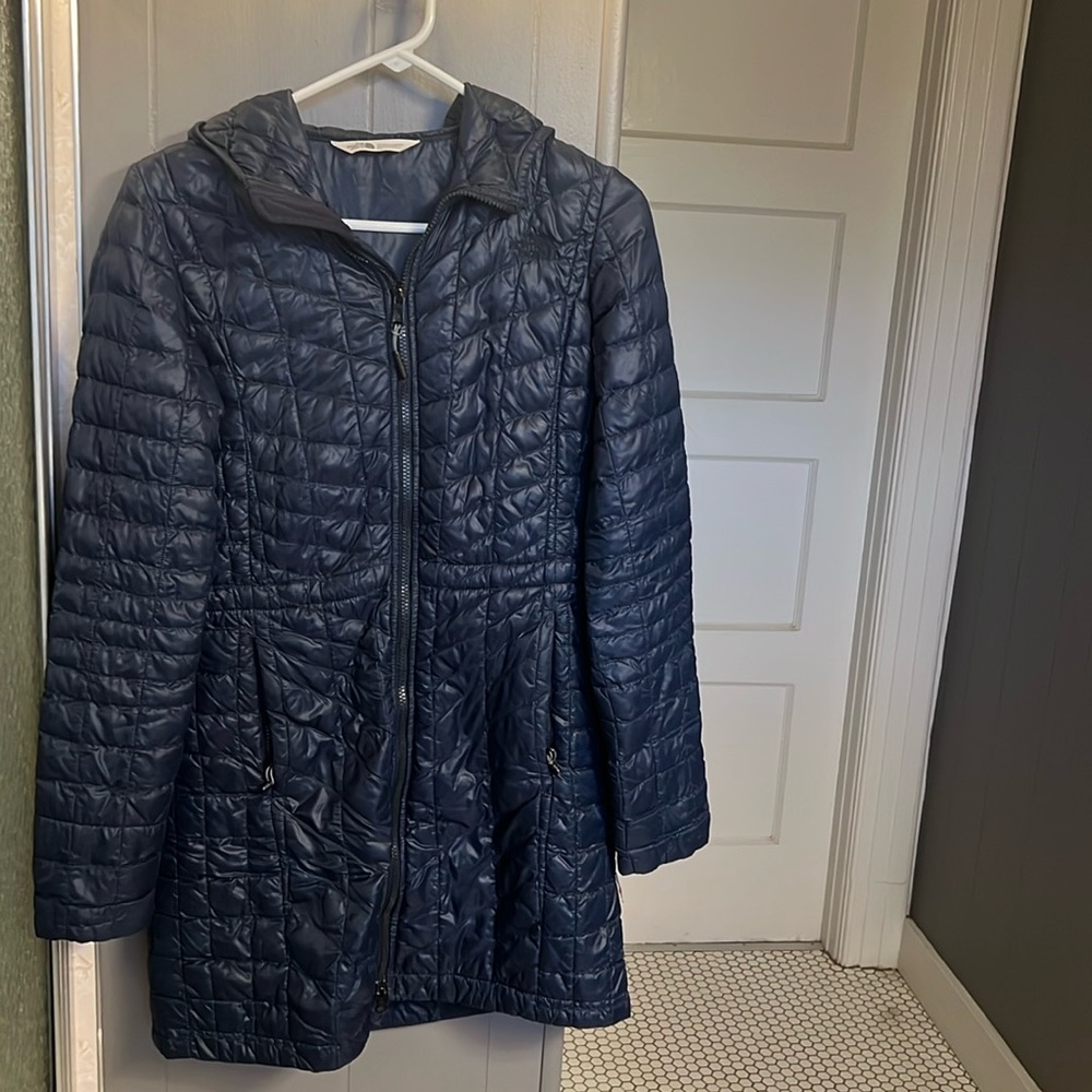 North Face blue coat. Has a hood. Very sliming.